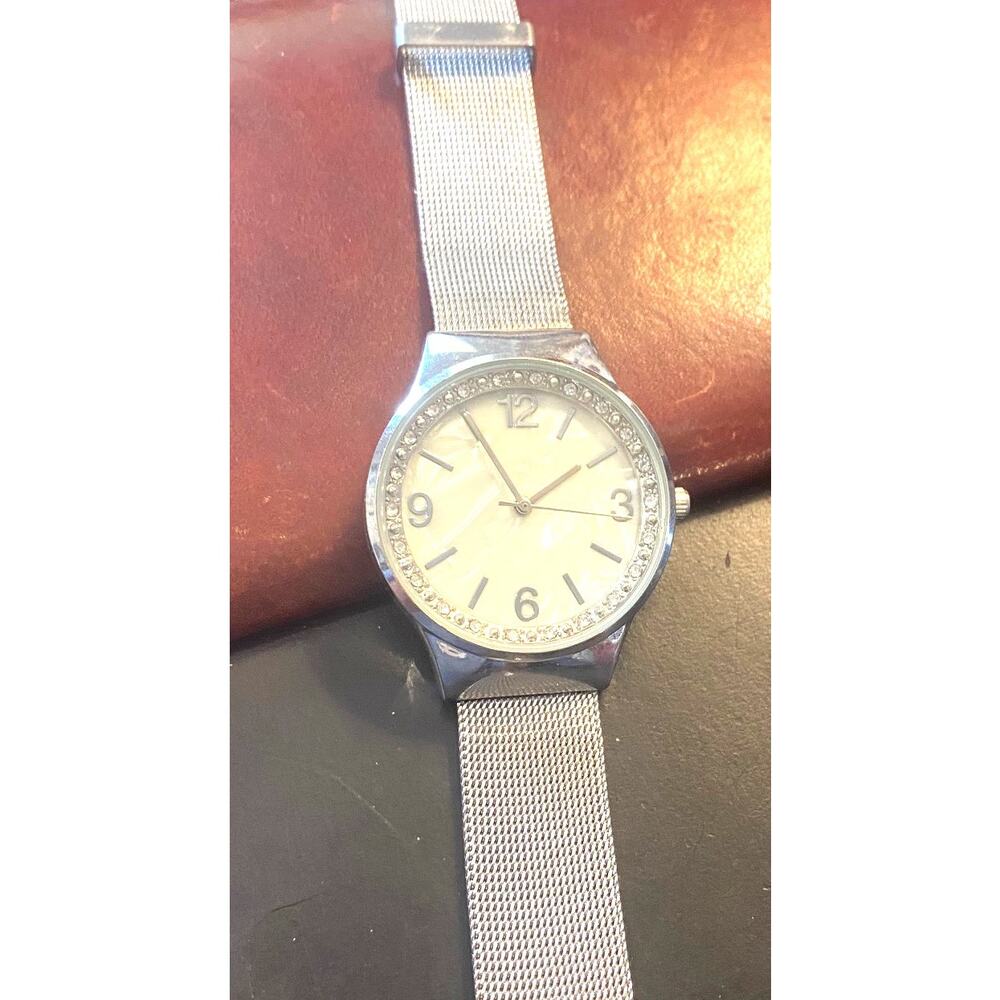 Women's 34mm Silver Tone Watch, Crystal Accents, MOP Face, Mesh Band